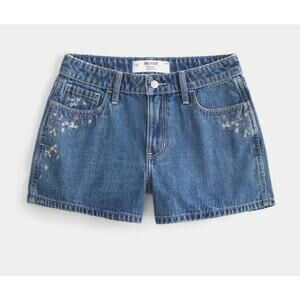 Hollister High Rise A-Line Denim Shorts Blue Embroidered Floral W24 00